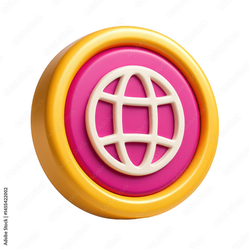 Poster glossy 3d internet globe button featuring colorful pink and yellow design.