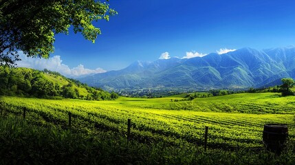Fototapeta premium Expansive valley landscape under a vibrant sky.
