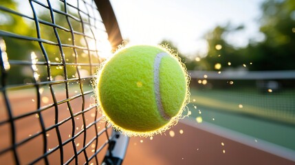 Tennis ball being struck by racket with intense motion streaks, edge glow from late afternoon sun, floating particles in air, no human element, energetic and clean visual