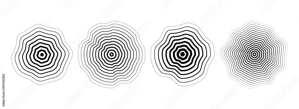 Poster Black concentric rippled circle set. Dotted and dashed round sound wave collection. Epicenter, target, radar, sonar icon concept. Vector ripple halftone radial radio signal or vibration element pack
