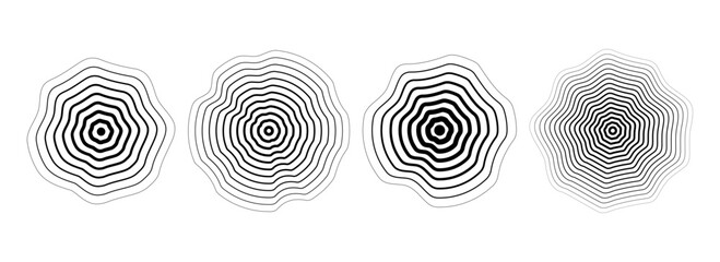 Black concentric rippled circle set. Dotted and dashed round sound wave collection. Epicenter, target, radar, sonar icon concept. Vector ripple halftone radial radio signal or vibration element pack