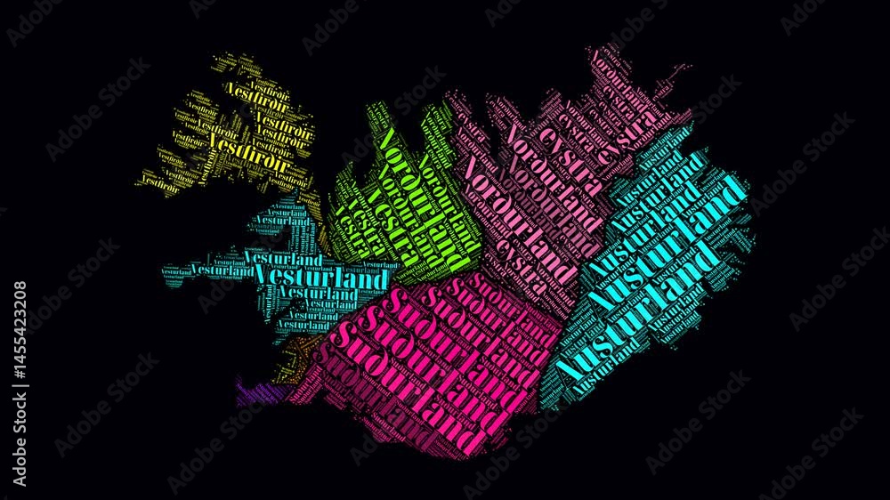 Poster iceland intro video. regions word clouds animation. iceland regions names in icelandic language fadi