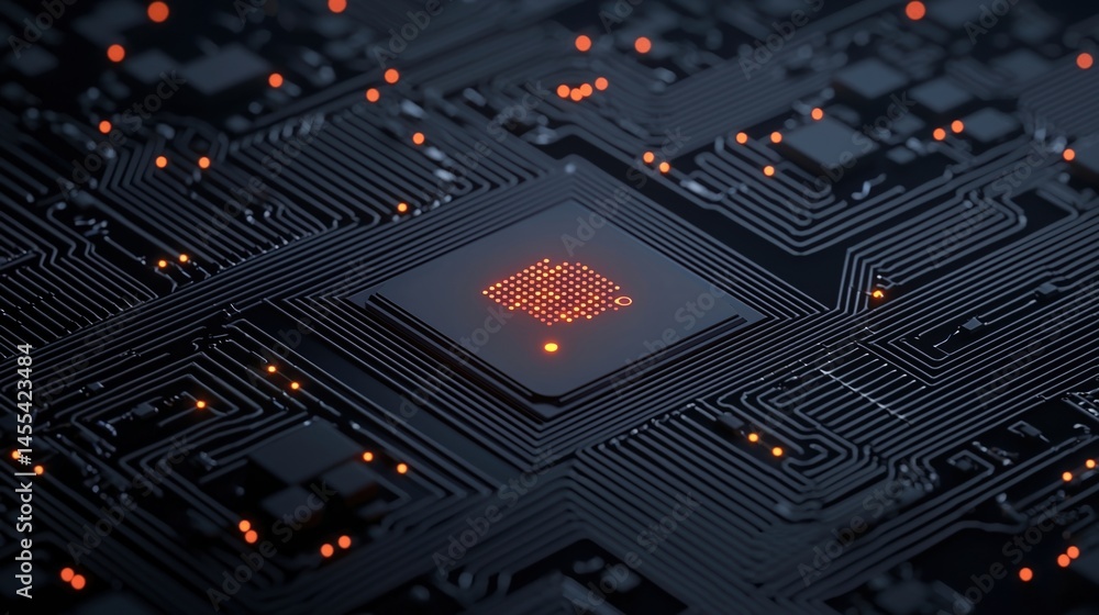 Poster a microchip with glowing connections highlights advanced technology and intricate circuitry on a dar