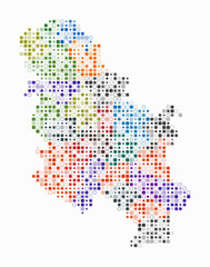 Serbia, shape of the country build of colored cells. Digital style map of the Serbia on white background. Small size rounded square blocks. Abstract vector illustration.