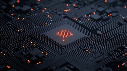 Fototapeta premium A microchip with glowing connections highlights advanced technology and intricate circuitry on a dark background.