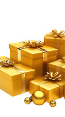 Naklejka premium Golden Gift Boxes Stacked Against a Black Transparent Background Illustration
