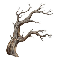 A gnarled, weathered tree with twisted branches stands alone against a transparent background, showcasing its intricate textures and natural beauty, ideal for artistic or educational use