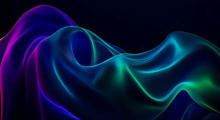 Abstract background with flowing ribbons of fabric in neon colors of blue, green and purple, with dark shades of blue and green,