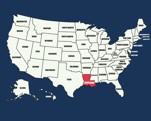 Colorful USA map with labeled states, highlighting Louisiana, perfect for education, travel, and geography themes