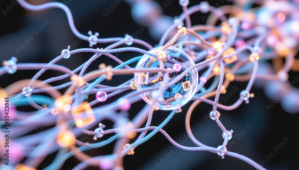 Poster abstract colorful strands with glowing elements and spherical shapes.