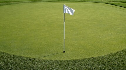 A flag in the hole of a golf course with a well-kept green around it