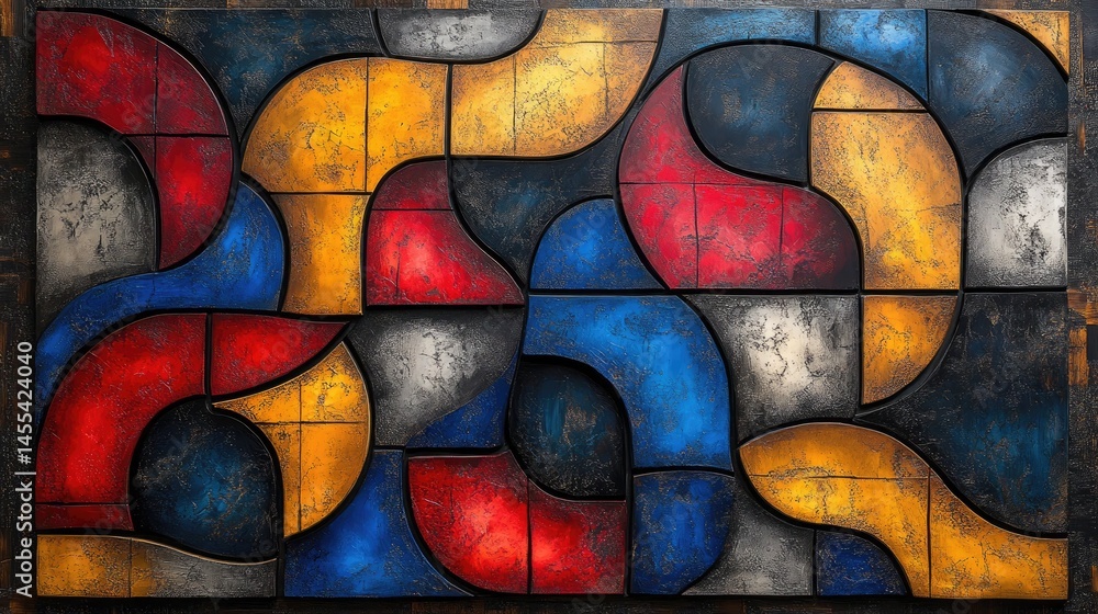 Poster abstract wall art features bold primary colors and textured surfaces. use this in backgrounds, websi