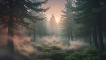 Dawn light reveals dew-drenched firs in muted vintage tones; ethereal mist swirls through emerald trees, evoking nostalgic, peaceful wilderness vibes.