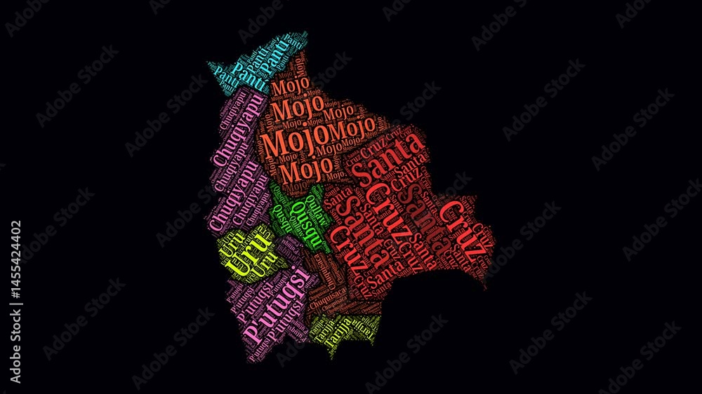 Poster bolivia intro video. regions word clouds animation. bolivia regions names in spanish language fading
