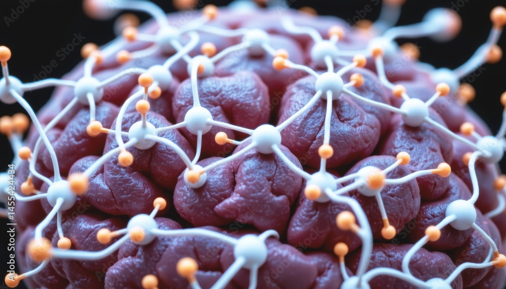 Poster microscopic view of a virus with molecular structures attached.