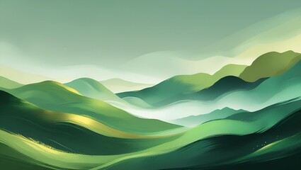 Abstract green hills and misty mountains blend in soft brushstrokes and gradients, evoking serene, painterly nature with depth, light, and tranquil flow.