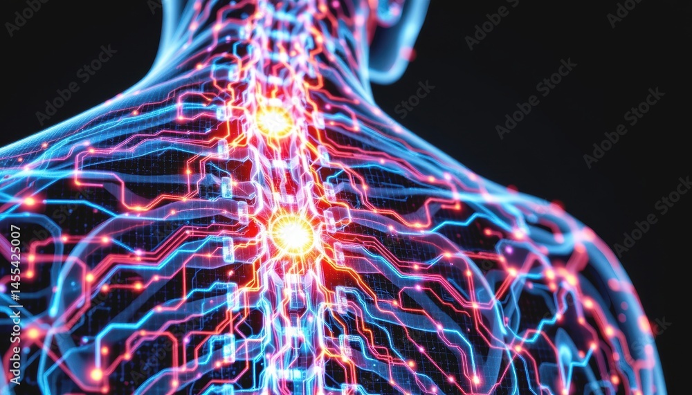 Poster digital representation of a human spine with circuit-like patterns.