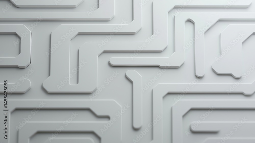 Poster minimalist abstract pattern resembling a circuit or maze, with raised geometric lines on a light gra