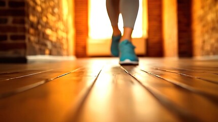 Sunlight highlights wooden floor, person walking.