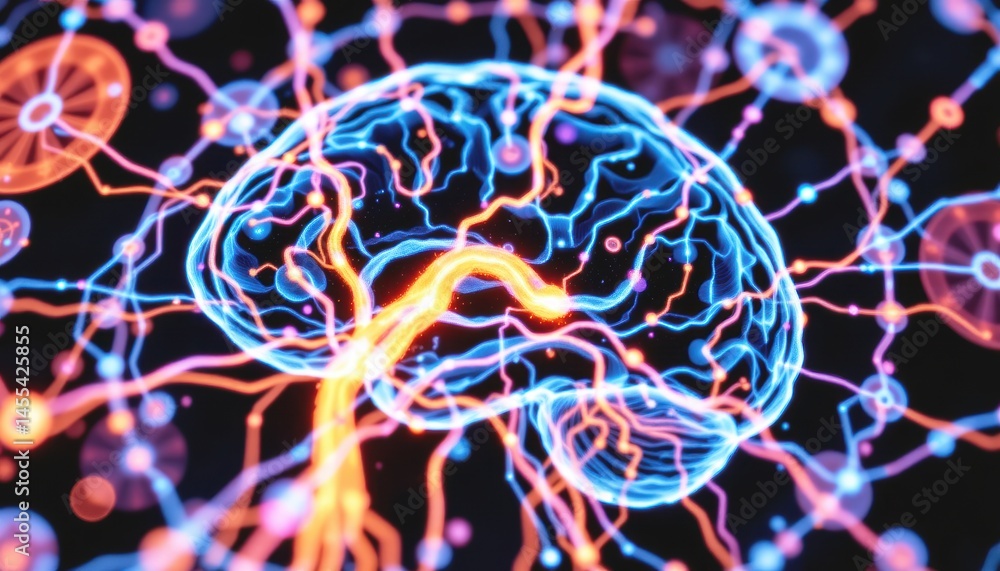 Poster digital illustration of a brain with colorful neural connections.