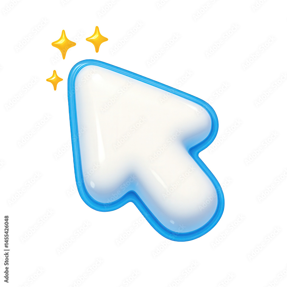 Poster a smooth, volumetric 3d computer cursor pointer with a shiny white body, bright blue outline, and en