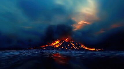 Naklejka premium Dramatic volcanic eruption over a body of water.