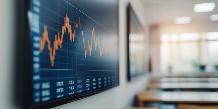 A blurred image of a wall-mounted screen displaying a financial chart with orange lines, set in a modern classroom or office environment.