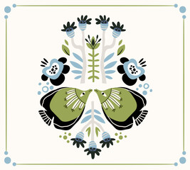 Folk hygge ready to use vector ocean print in Scandinavian style, folkloric isolated design on white. Composition with classic ethnic elements. Scandi folk motifs - sea animals, fishes and flowers