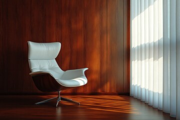 Modern armchair in a sunlit room with wooden walls.