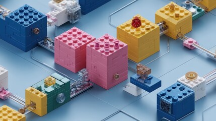 Colorful building blocks interconnected in a complex network