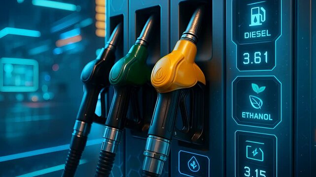 Futuristic Fuel Pump Nozzles Showing Diesel, Ethanol, and Gasoline Options with Digital Price Display Panel