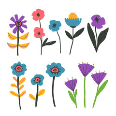Set of bold positive flowers clip arts hand drawn in naive style, optimistic bright floral illustration, vector isolated items on white background