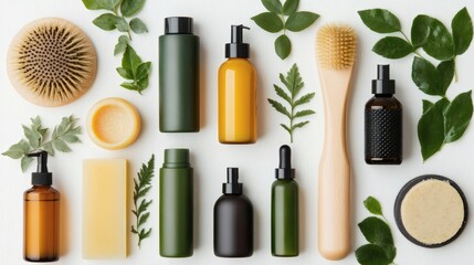 Natural skincare product collection with green leaves and eco-friendly packaging for organic beauty and self care visuals

