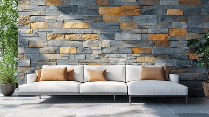Modern outdoor sectional sofa against a stone wall.