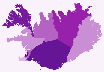 Map of Iceland with regions. Just a simple country border map with region division. Purple color palette. Plain Iceland shape with administrative division. Vector illustration.