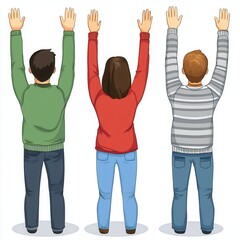 Obraz premium Three people with arms raised high in celebration
