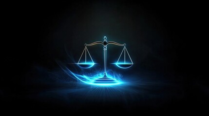 Symbolic scales of justice in a luminous display.