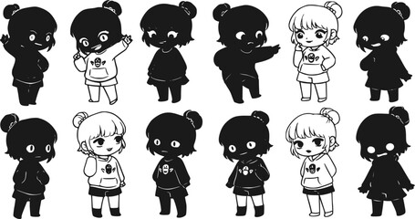 Cute Black and White Cartoon girl with Various Facial Expressions in Sticker Style. vector silhouette