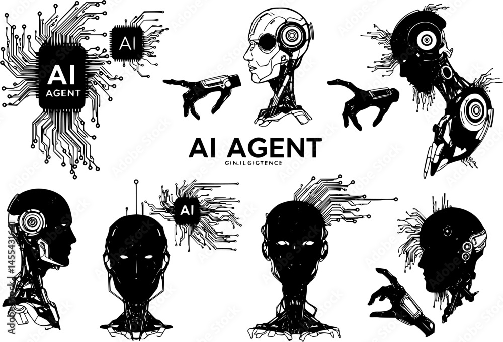 Poster futuristic ai agent robot head icon with circuit elements in black and white vector style. icons vec