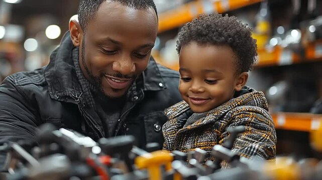Father and toddler son explore tools