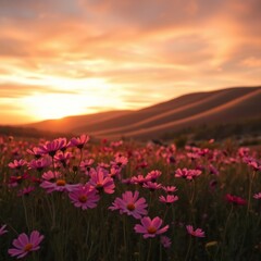 Vibrant pink cosmos flowers bloom in a field at sunset, with rolling hills in the background.