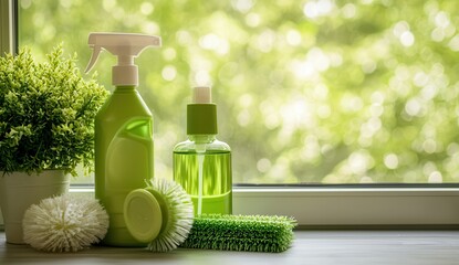 Cleaning Supplies on Windowsill Green Products Spring Cleaning