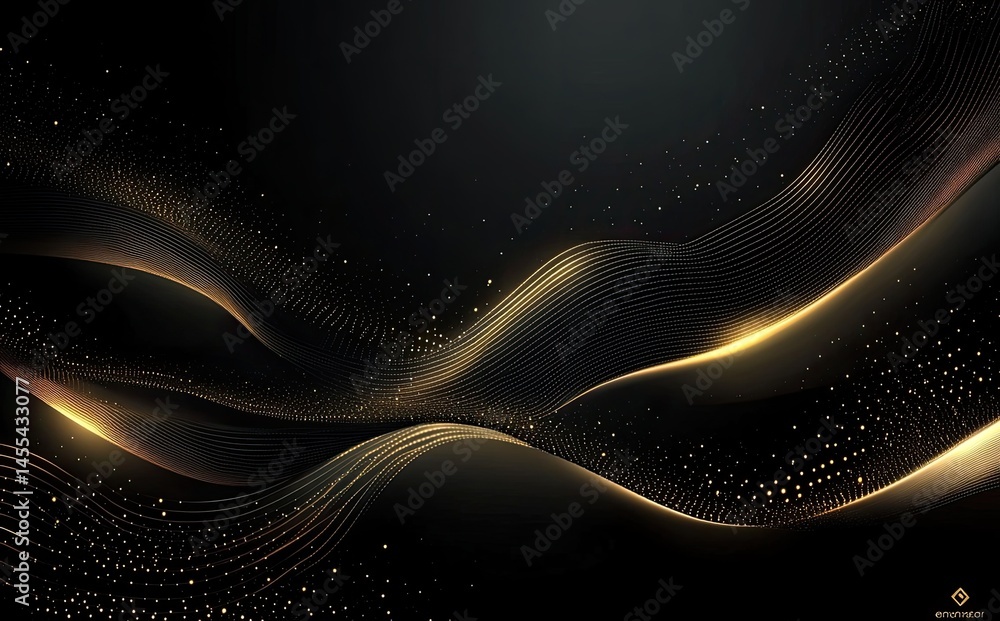 Poster golden sparkle wave lines on black background abstract design element