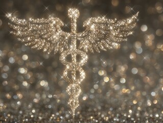 A sparkling golden caduceus symbol with wings shines against a glittery, bokeh background.