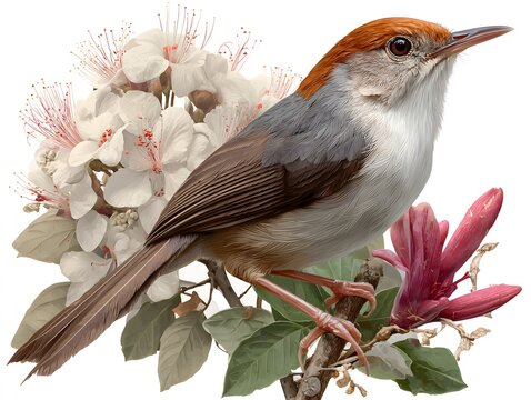 A detailed illustration showcases a chestnut-headed tesia bird perched on a branch amidst delicate white and pink flowers.