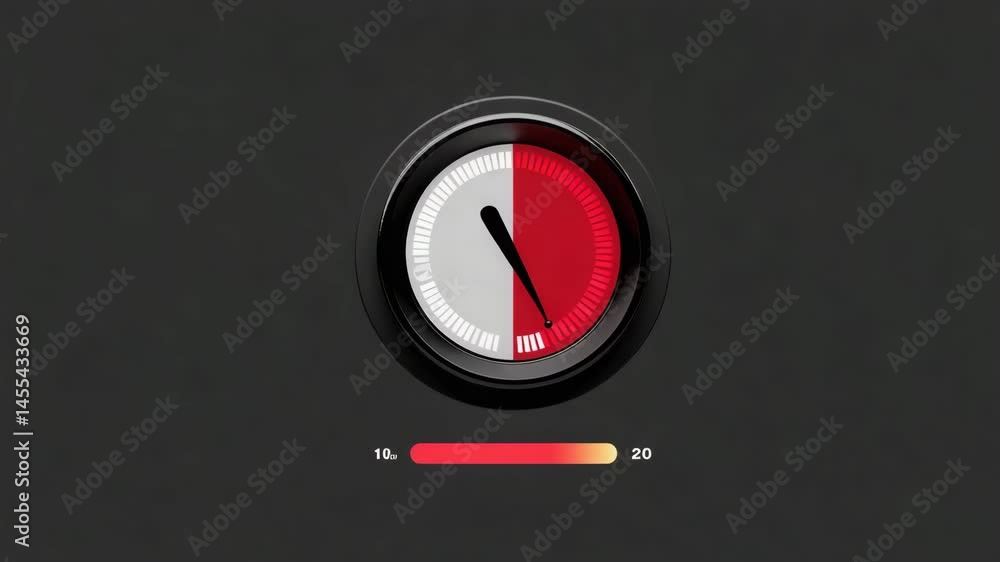 Poster circular gauge with red and white scale indicator measuring from 10 to 20 against dark background, n
