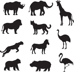 サバンナの代表的な動物のシルエットセット
