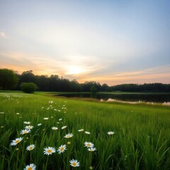 Serene sunset over a lake and field of daisies.