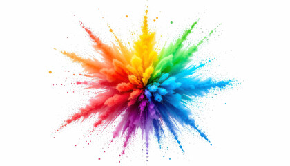 A captivating image showcasing a vibrant explosion of rainbow-colored powder against a stark white background. The colors burst outwards in a dynamic, starburst pattern, creating a visually stunning e