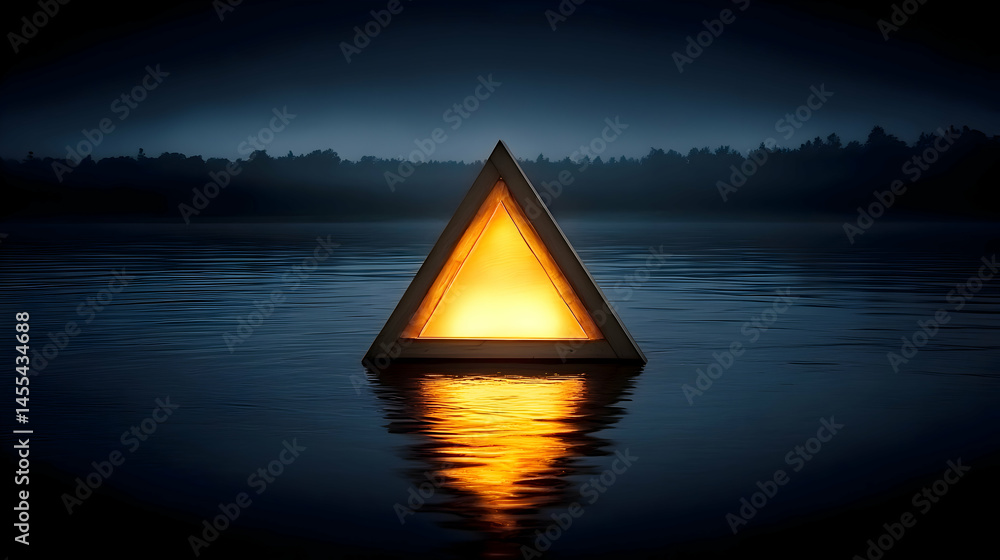Poster illuminated triangular wooden structure floats serenely on a calm, dark lake at twilight, creating a